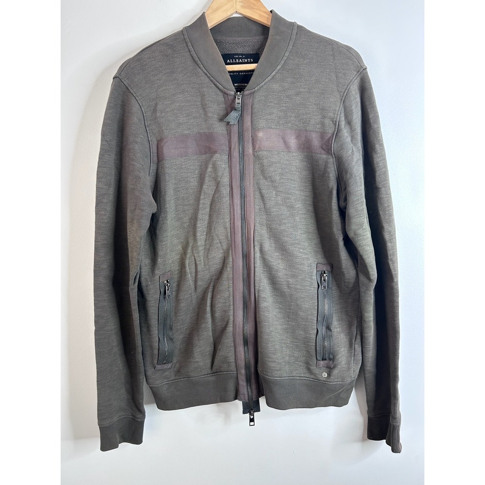 AllSaints Yagmur Cotton Bomber Jacket Mens M Olive Grey Full Zip Grunge Moto